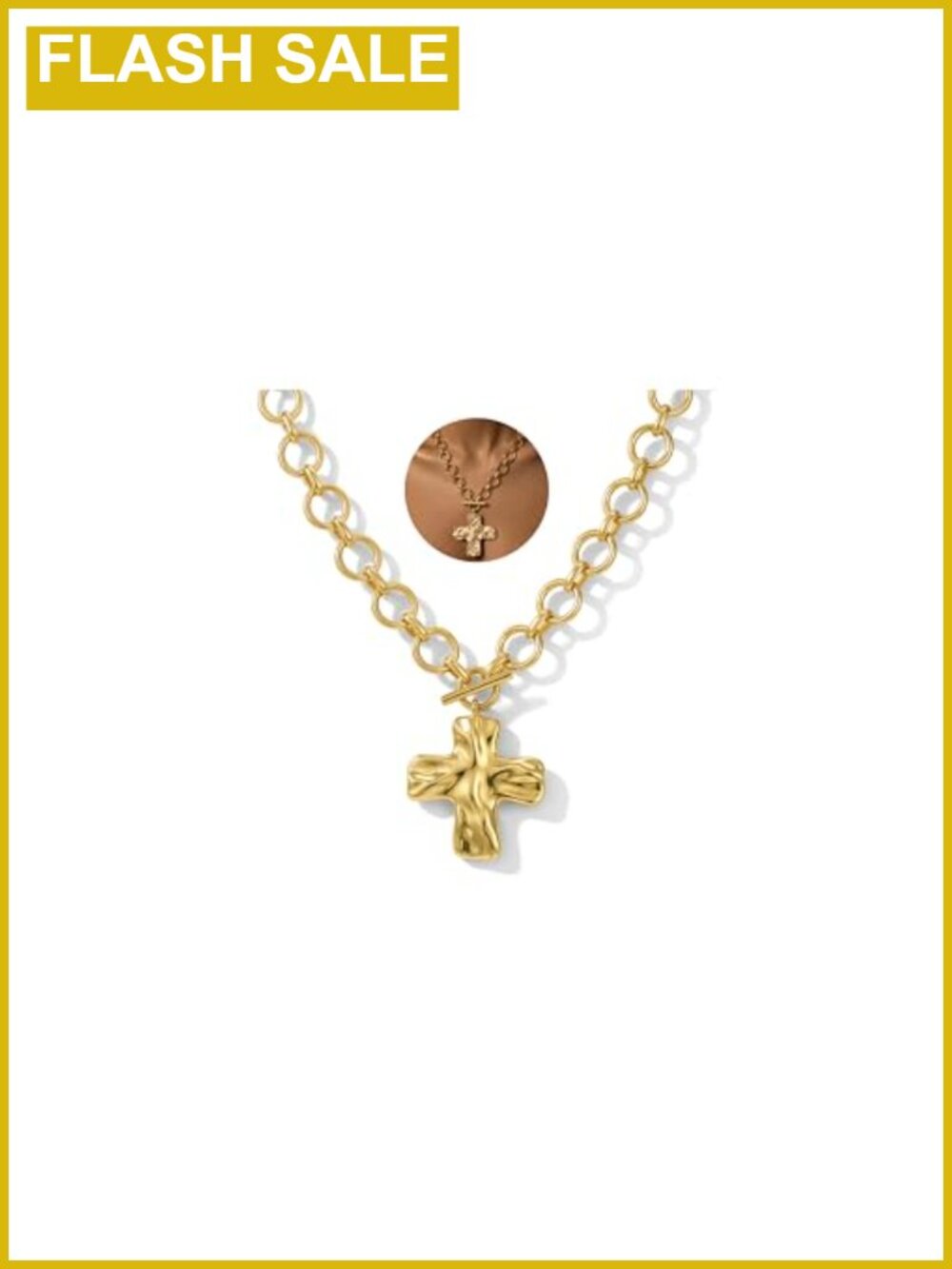 Chunky Hammered Cross Necklace with Toggle Chain, Statement Pendant Necklace